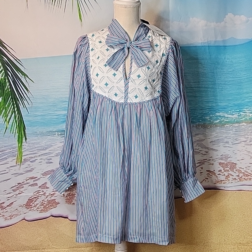 Pomander Place Teal Blue Striped Mini Dress Medium